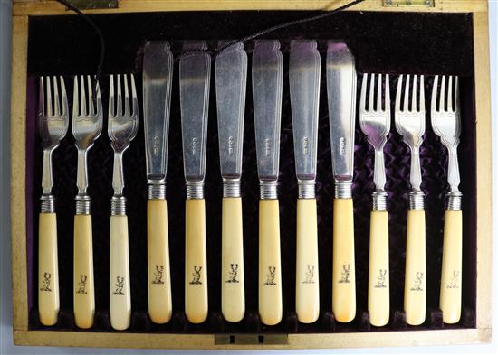 A cased set of six pairs of late Victorian ivory handled silver fish eaters, Roberts & Belk, Sheffield, 1896.
